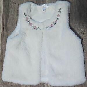 Tahari Girl's Cream Faux Fur Vest with Pink Embroidered Flowers Size 2T